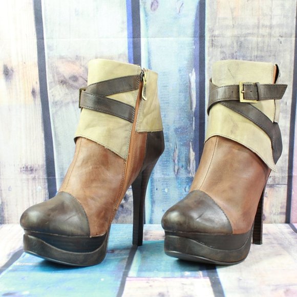 Two Lips Brown Leather Strappy Foldover Flatform Heeled Booties Size 9 - Picture 2 of 10